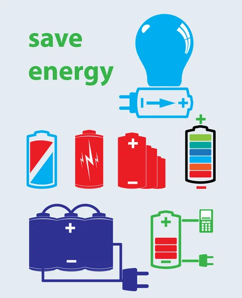 Bateria economizar energia conjunto de ícones vetor — Vetor de Stock