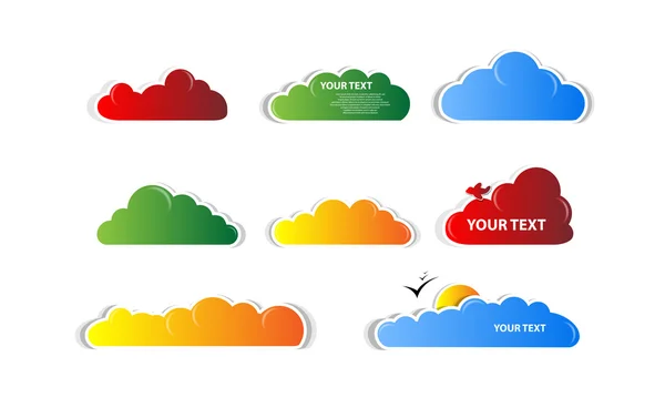 Ensemble de nuages de couleurs avec vecteur soleil et oiseaux — Image vectorielle