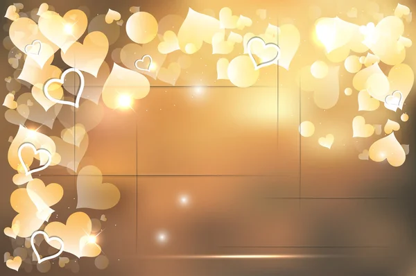 Bokeh luz brillante de oro con corazones vector de fondo — Vector de stock
