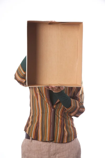 Empty carton box on the head — Stock Photo, Image
