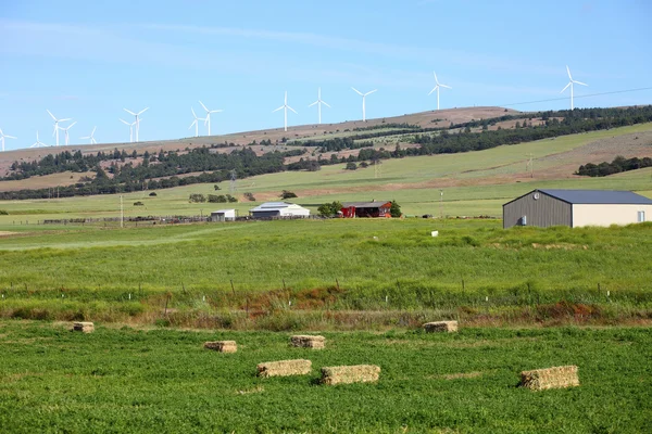 stock image Rural farmland and wind turbines.