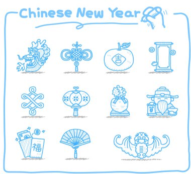 Çin yeni yılı simgeler el çekilmiş