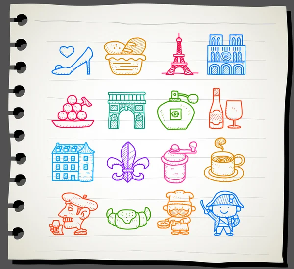 Ručně kreslenou francouzština, Evropě, cestování, památka sady ikon — Stockový vektor