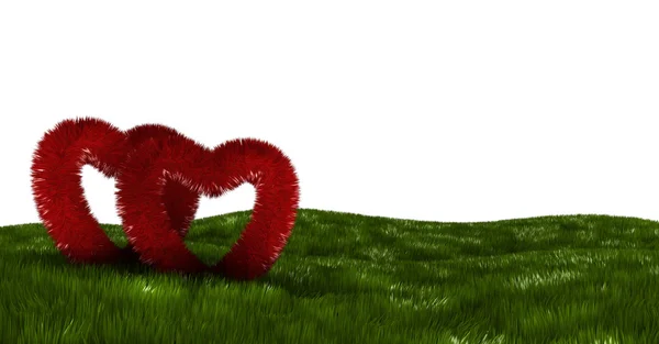 Zwei flauschige Herzen auf einer grünen Wiese — Stockfoto