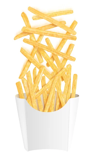 French fries falling into packaging — Stock Photo, Image