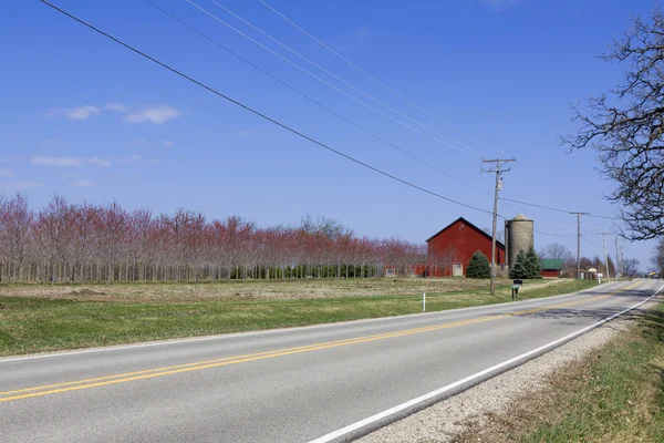 Сільська дорога з червоним ферми у фоновому режимі — стокове фото