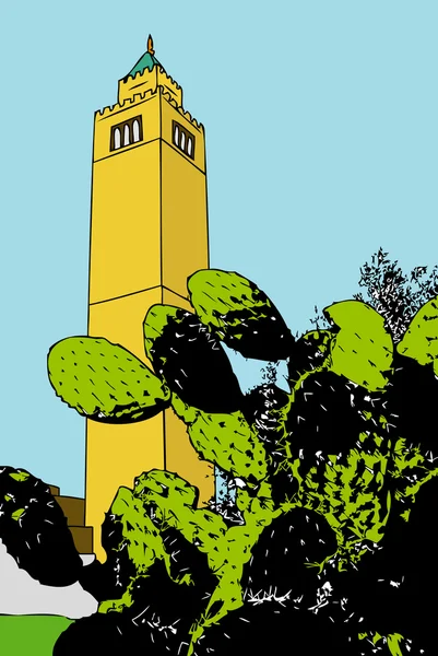 Blad av en kaktus med en minaret i bakgrunden - tunis — Stockfoto