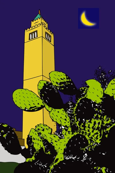 Kaktusz és a minaret, a holdfény - Tunisz - Tunézia — Stock Fotó