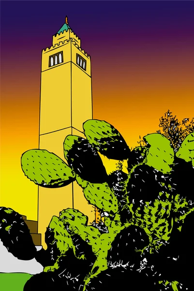 Cactus y minarete al atardecer - Túnez - Túnez — Foto de Stock