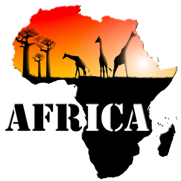 Africa map with colorful landscape of fantasy, with grass, baobab trees and giraffes