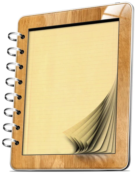 Tablet-Computer Notizbuch aus Holz mit Seiten — Stockfoto