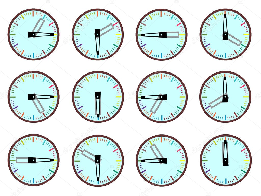 Vector of timepieces that indicate every quarter of an hour