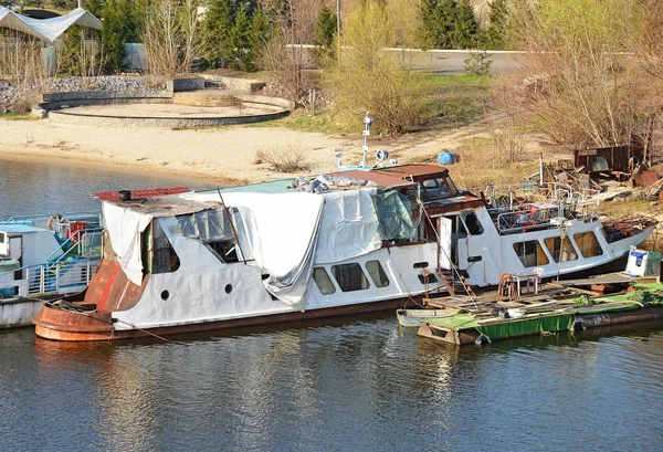 Motor boat at small river harbor — Stock Photo, Image