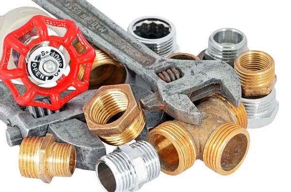 Tuyau de plomberie, valve et clé — Photo