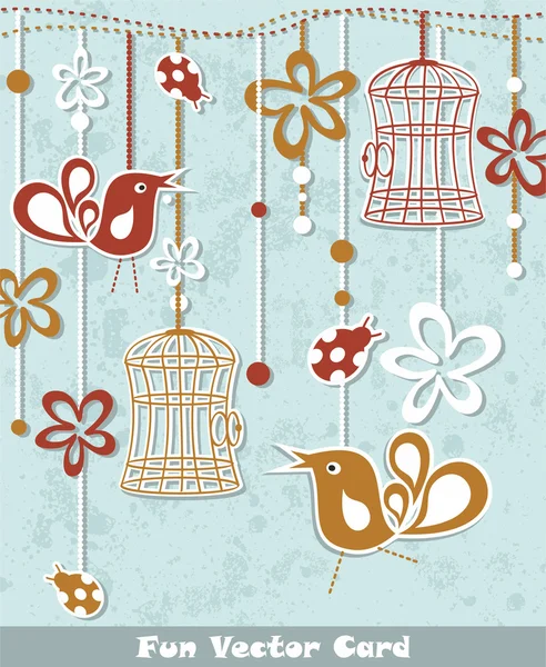 鳥かごと花の結婚式招待カード — ストックベクタ