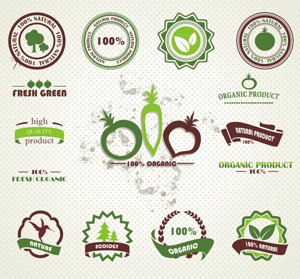 Zestaw organicznych i gospodarstwa świeże jedzenie odznaki i etykiety — Wektor stockowy