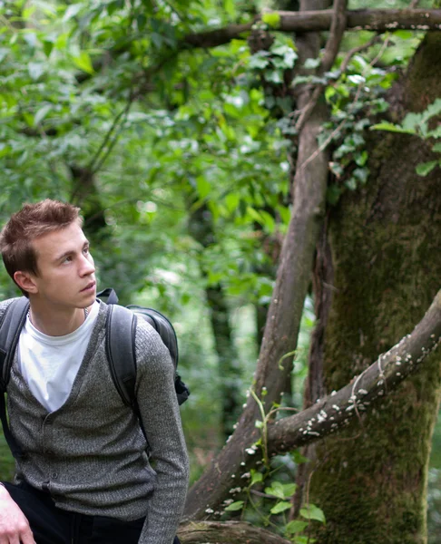 Un joven sentado en un bosque de primavera —  Fotos de Stock