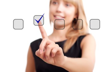 Woman pushing on touch button clipart