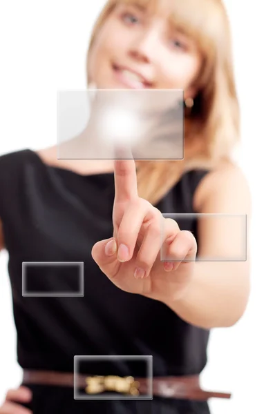 Kvinna trycka på touch-knapp — Stockfoto