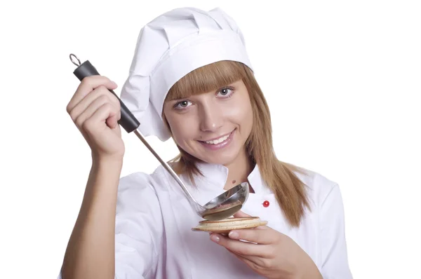 有吸引力的厨师女人一在白色的背景 — 图库照片