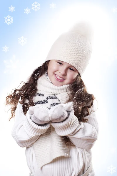 stock image Winter Girl snow flake blue background