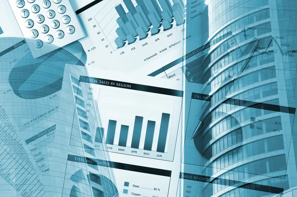 Financiële grafiek, gebouw, business collage — Stockfoto