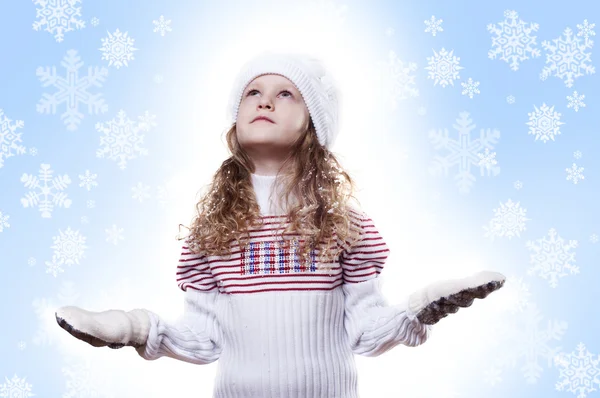 Winter Mädchen Schneeflocke blauen Hintergrund — Stockfoto