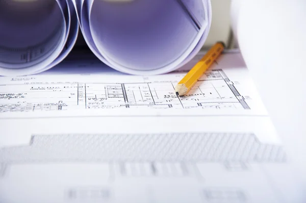 Pencil, documents and blueprint — Stock Photo, Image