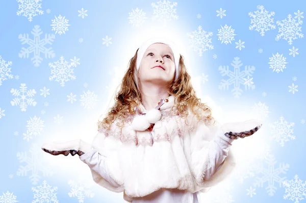 Winter Girl snow flake blue background — Stock Photo, Image