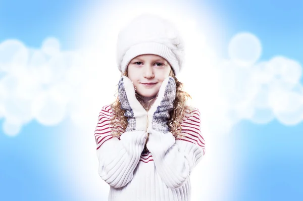 Inverno menina, abstrato fundo azul — Fotografia de Stock