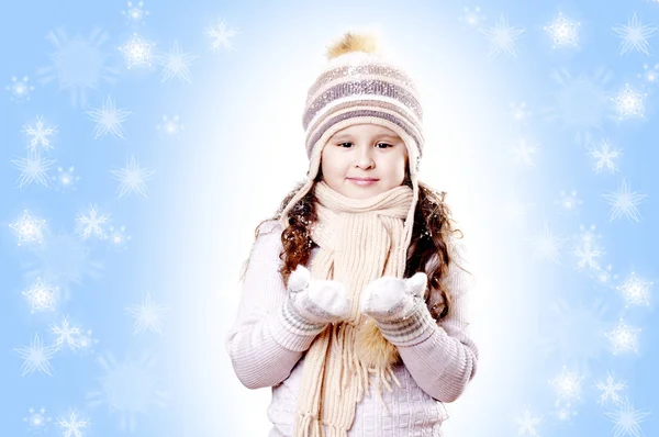 Winter Girl snow flake blue background — Stock Photo, Image