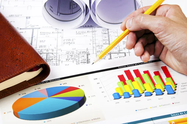 Ball pen, charts, documents, blueprint — Stock Photo, Image