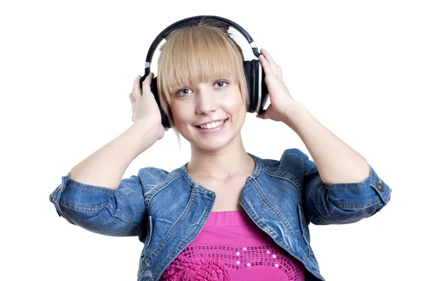 Ung attraktiv kvinna till musik — Stockfoto