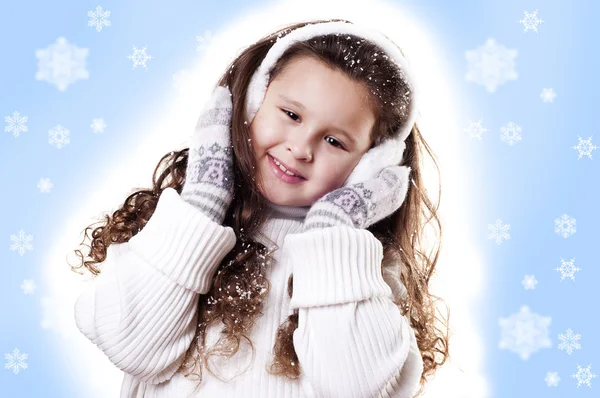 Zimní dívka sněhová vločka modré pozadí — Stock fotografie