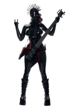 Heavy Rubber Black Latex GasMask Girl with Rock Guitar clipart