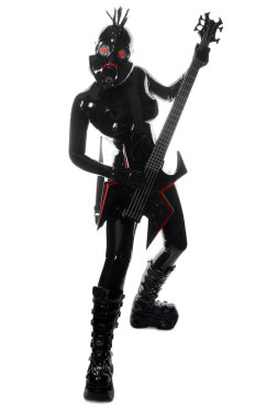 rock gitar ile ağır kauçuk siyah lateks gasmask kız