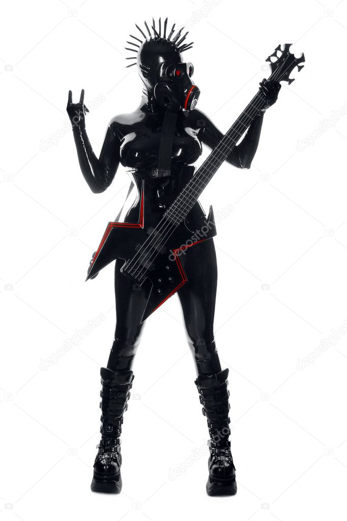 Heavy Rubber Black Latex GasMask Girl with Rock Guitar