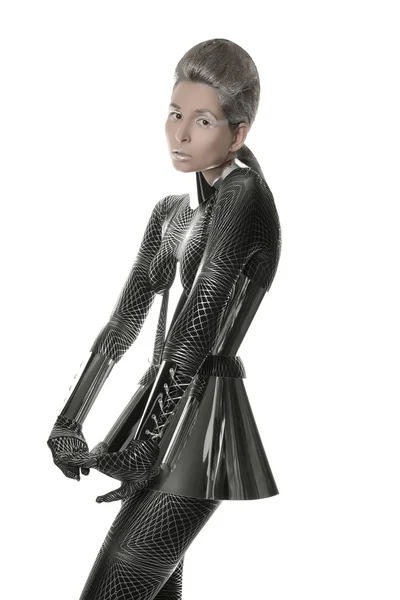 Parlak aksesuarlar ile spandex catsuit içinde futuristik kız — Stok fotoğraf