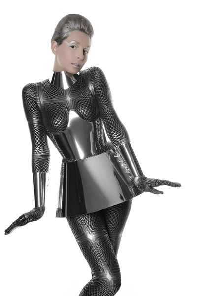 Futuristické dívka v spandex catsuit s lesklými Doplňky — Stock fotografie