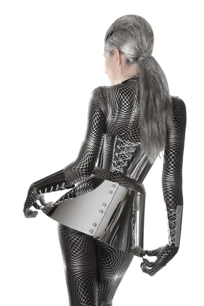 Futuristické dívka v spandex catsuit s lesklými Doplňky — Stock fotografie