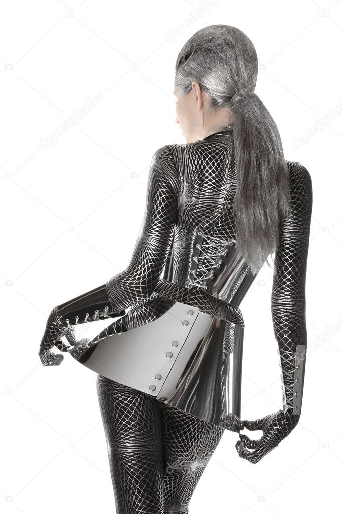 Futuristic Girl in Spandex Catsuit with Shiny Accessories