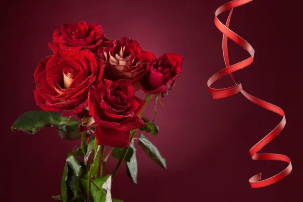 Bouquet di rose rosse con serpentino su fondo rosso — Foto Stock