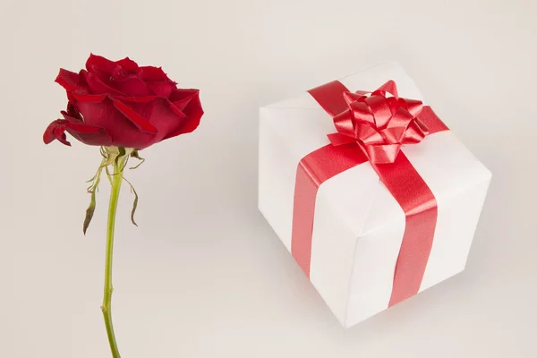 在白色背景上的红玫瑰和白色礼物 — 图库照片