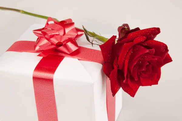 Czerwona róża i biały prezent na białym tle — Zdjęcie stockowe