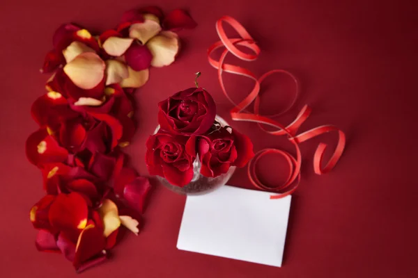 Ramo de rosas rojas con tarjetas blancas y pétalos de rosa sobre un fondo rojo — Foto de Stock