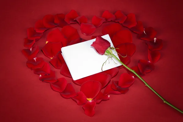 红玫瑰和花瓣上的白色卡片 图库图片