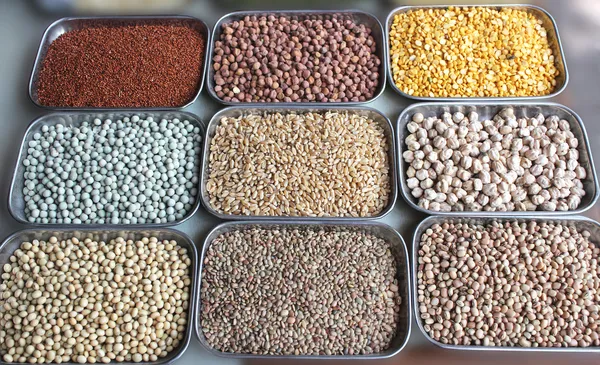 Indische Hülsenfrüchte und Getreide in einem Geschäft auf dem Bangalore-Markt — Stockfoto
