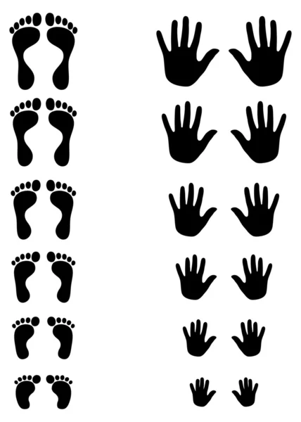 Fuß- und Handflächensilhouetten von Toldlern, Kindern und Erwachsenen — Stockvektor