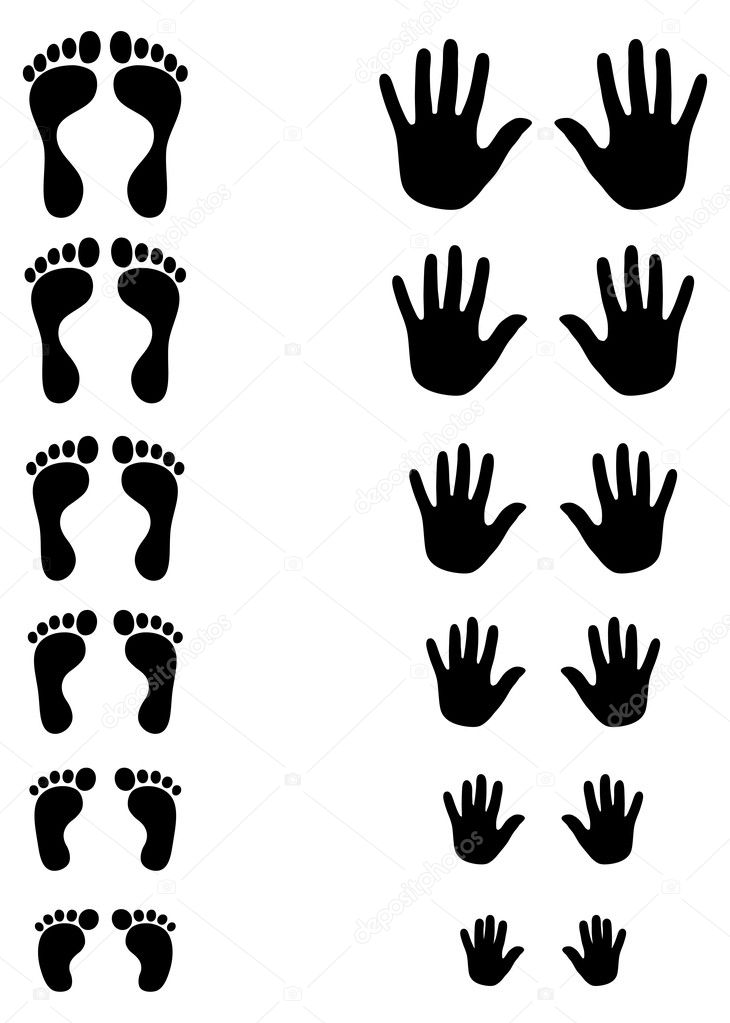 Foot and palm silhouettes of toldler, kid and adult