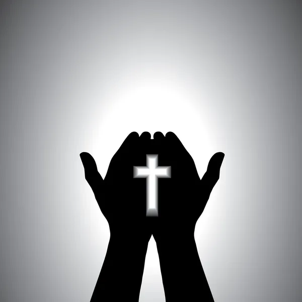 Благочестивый христианин поклоняется с крестом в руке — стоковый вектор